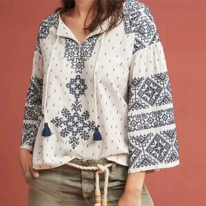 Anthropologie Payal Pratap Jenny Embroidered Peasant Top in White XS